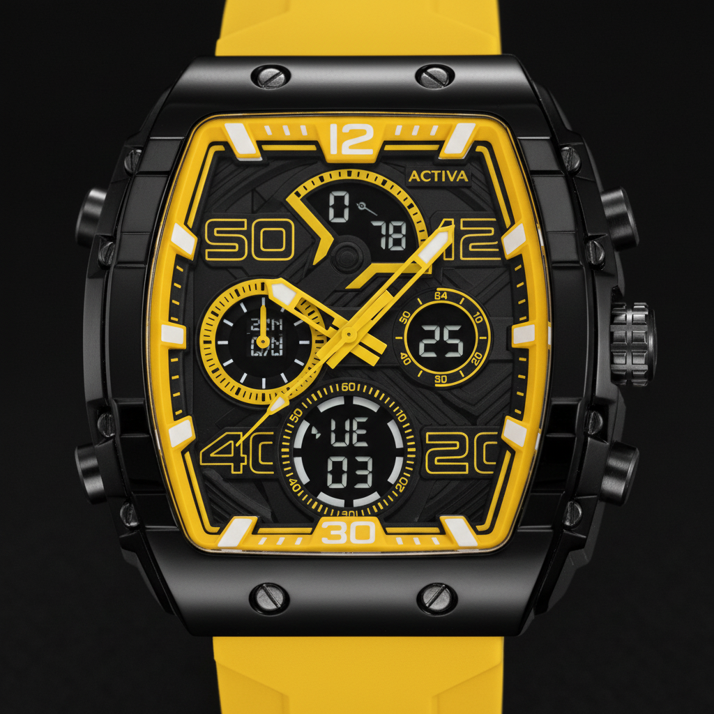 Activa Black & Yellow Sport Chronograph – Face Macro