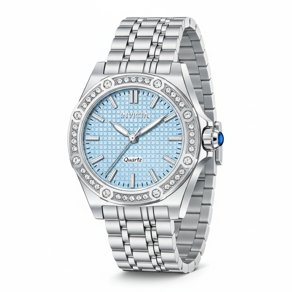 Invicta Women's Ice Blue Crystal Quartz Dress Watch – cool silver studio lighting variation