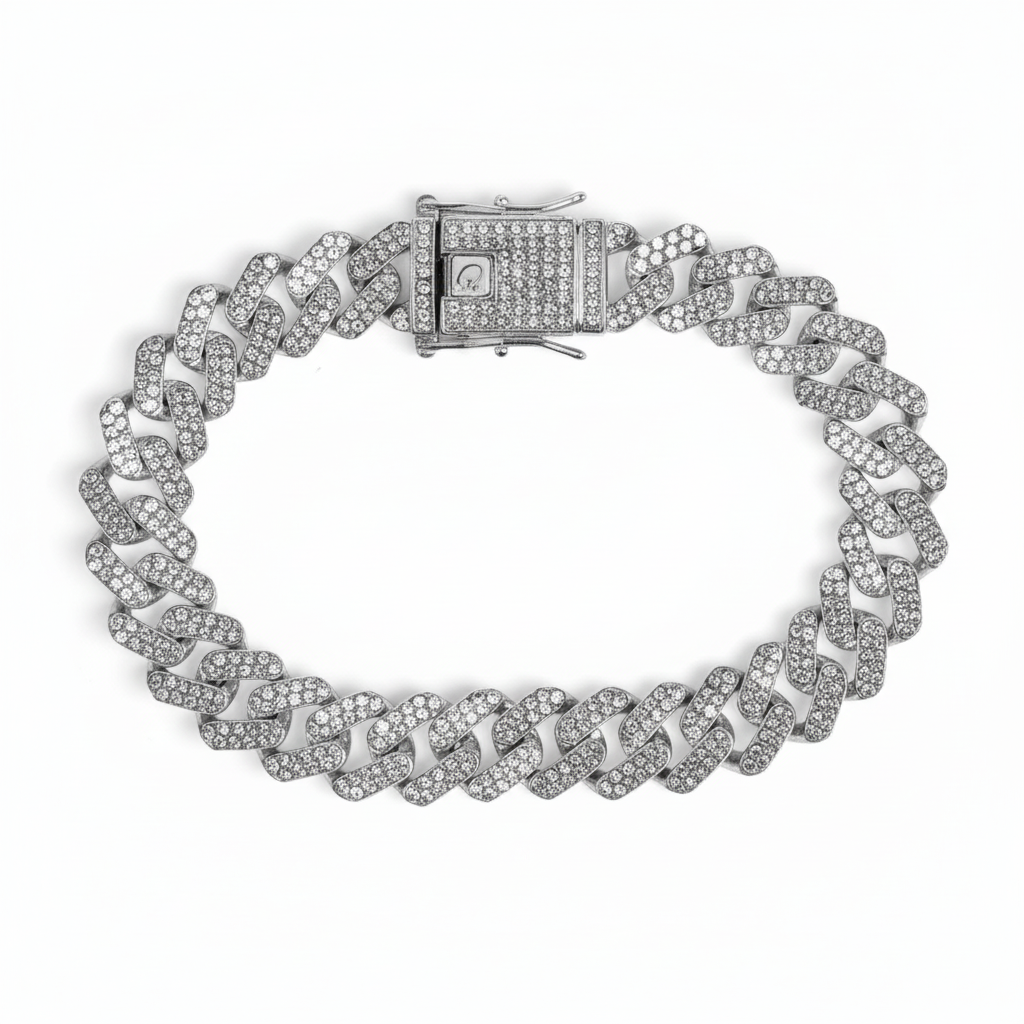 Iced out Cuban link bracelet studio product shot on white background