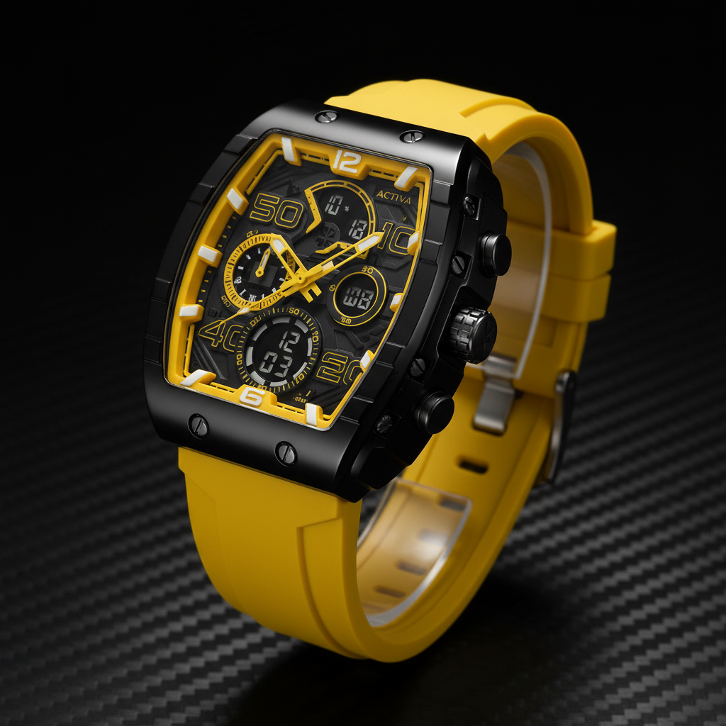 Activa Men's Black & Yellow Sport Chronograph Watch – dramatic dark carbon studio lighting variation