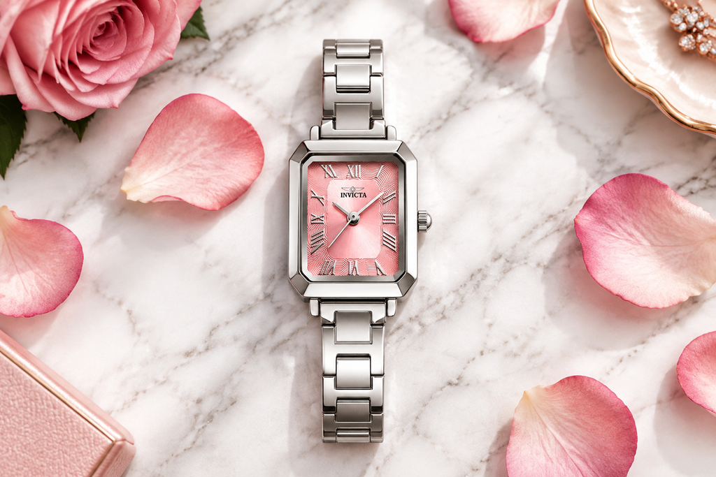 Invicta Angel Ladies Watch marble flat lay with rose petals