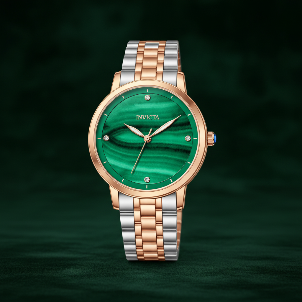 Invicta Women's Malachite & Rose Gold Quartz Dress Watch – dramatic dark forest green studio lighting variation