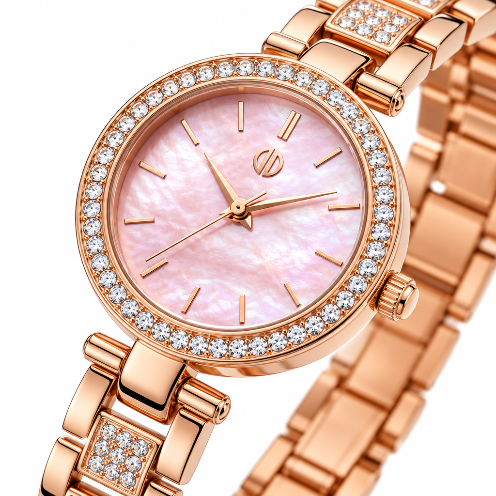 Montres Prestige X Invicta Rose Gold Watch – crystal bezel and pink dial close-up