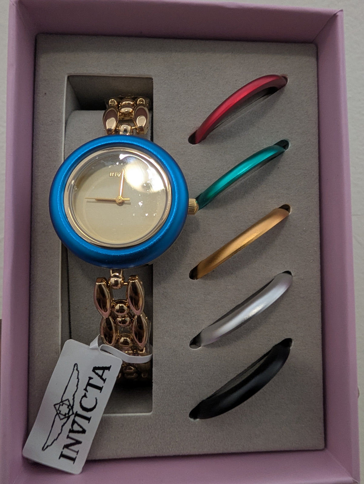 Invicta Lady 33mm Watch Set with 5 Interchangeable Colored Bezels – Gold Bubble-Link Bracelet & Champagne Dial