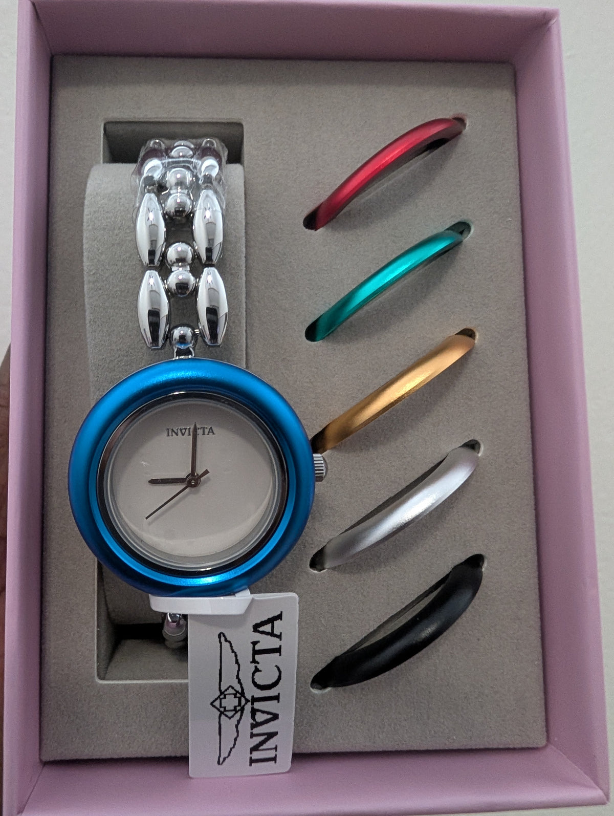 Invicta Lady 33mm Watch Set with 5 Interchangeable Colored Bezels – White Dial & Bubble-Link Bracelet